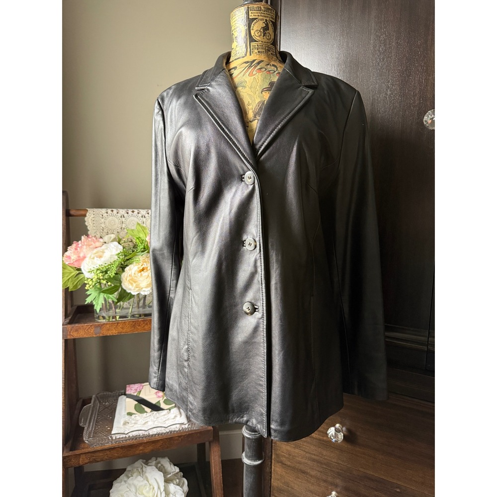 Danier Black Italian Leather Blazer Jacket Womens Small 90's Vintage Made in CAN